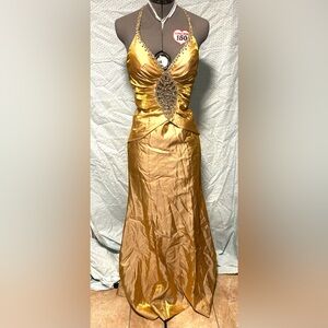 Mori Lee Gold Evening Gown with Beaded Emblem